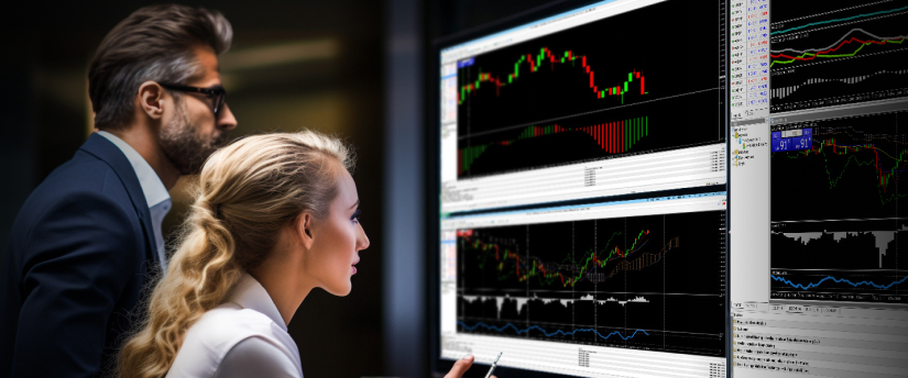 Two people engaged in stock trading, observing market data displayed on a computer screen with concentration.