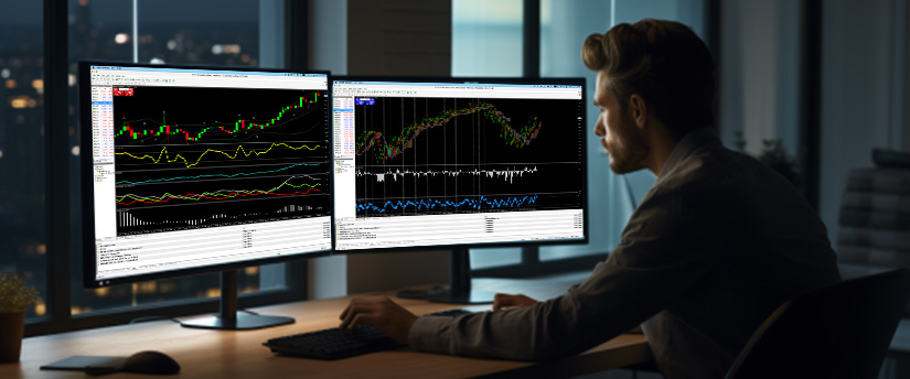 A man at a desk with two monitors displaying various trading indicators and data analysis.