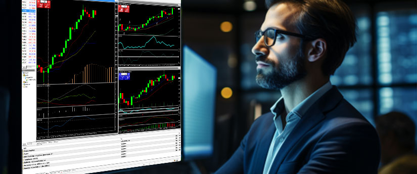 A man in a suit analyzes trading data on a computer screen, focused on market trends and financial information.