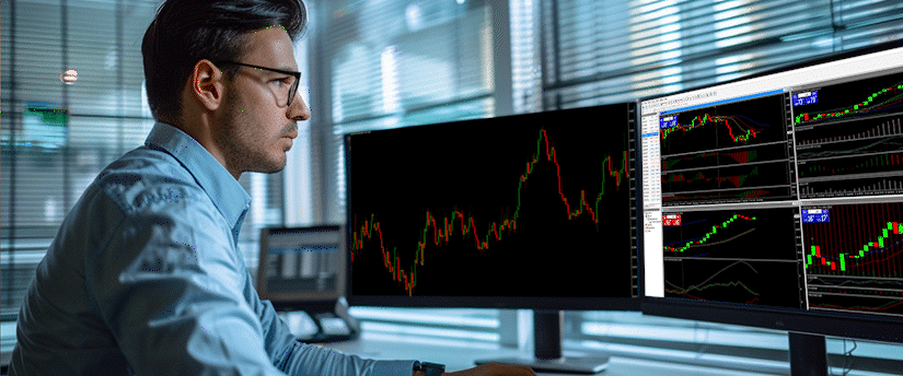 A man seated at a desk, viewing two monitors that show different trading indicators on a trading platform.
