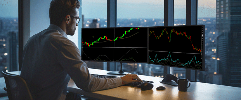 A man at a desk with two monitors displaying forex market graphs and data analysis.