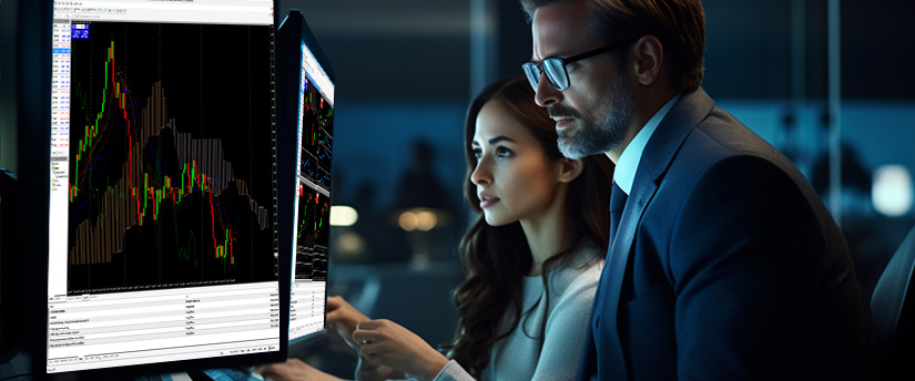 Two individuals analyzing a trading chart displayed on a computer screen, focused on forex market trends and data.