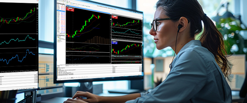 Un gráfico de trading de forex que muestra las fluctuaciones de las monedas con patrones de velas y líneas de tendencia para análisis.