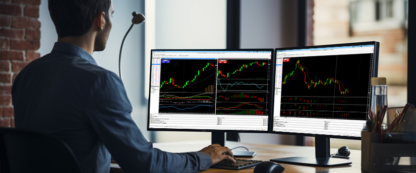 A man working at a desk with three screens, all featuring distinct forex trading platforms.