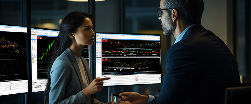 Two people analyze a screen with multiple displays showing a trading platform