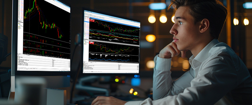 A man at a desk with two monitors displaying different Forex trading platforms.