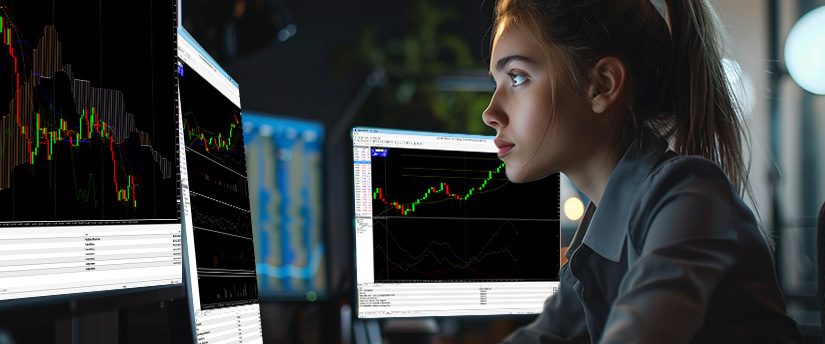 A woman studies a Forex trading chart on her screen, concentrating on the financial data and market movements.