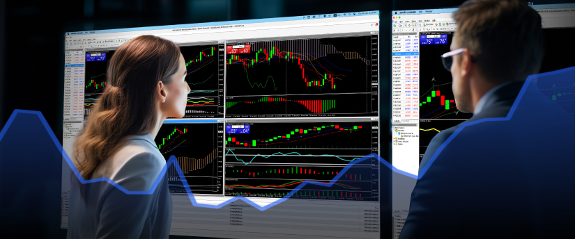 Two individuals analyzing a stock market graph on a screen, discussing Forex psychology insights.