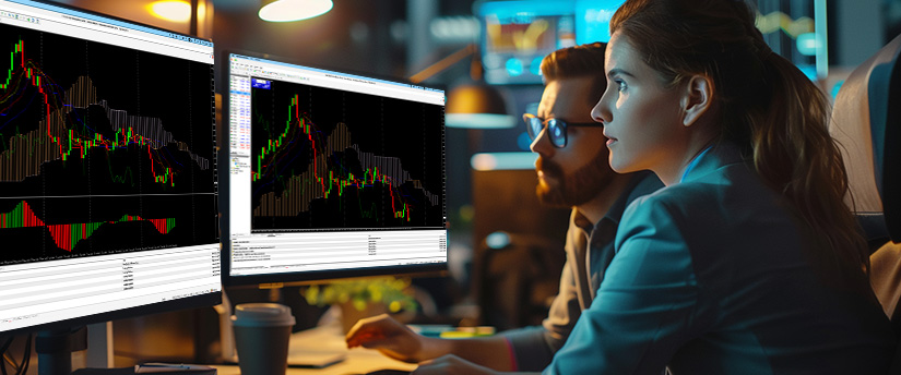 Two individuals analyzing trading indicators on a computer screen displaying Meta Trader 4.