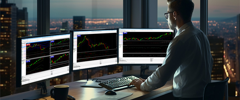 Un homme assis à un bureau avec trois écrans affichant divers graphiques boursiers, utilisant MT4 pour l’analyse de trading.