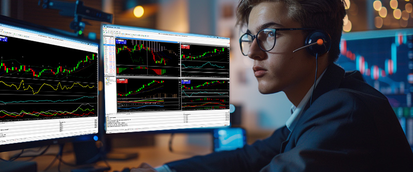 Um homem usando óculos e um headset analisa dados de Forex em dois monitores de computador em um ambiente profissional.