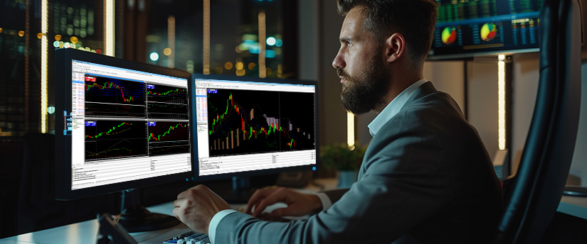 A man in a suit sits at a desk with two monitors displaying different stock market graphs related to fundamental analysis.