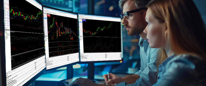 Deux personnes analysant un écran d’ordinateur affichant diverses options de trading forex dans une école de trading