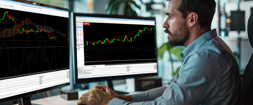 A man at a desk with two monitors displaying various forex technical analysis trading indicators