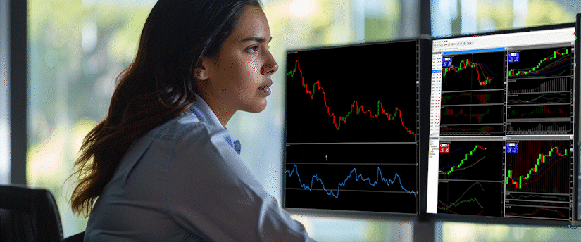 A woman at a desk with multiple screens displaying various trading indicators and data analysis.