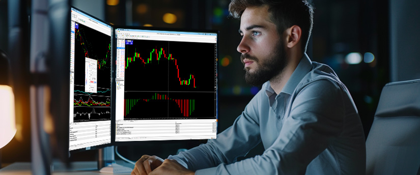 A man seated at a desk, using two monitors to view various forex trading platforms.