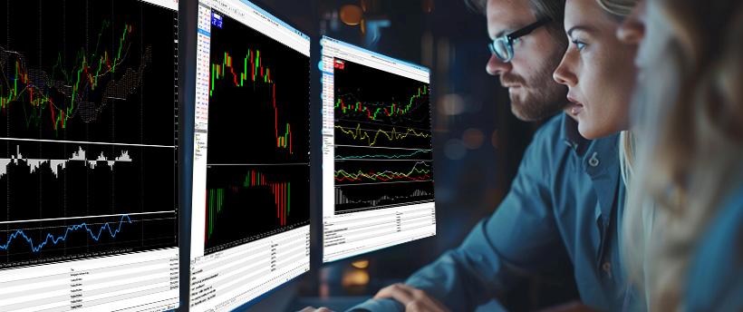 Dos personas estudiando datos de trading de forex mostrados en la pantalla de un ordenador, dedicadas al análisis financiero