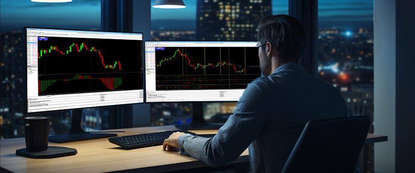 <p>Un homme assis à un bureau, concentré sur deux écrans affichant différents indicateurs et graphiques de trading.</p>