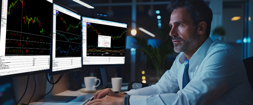 A man at a desk with multiple monitors displaying various forex trading platforms and market data.