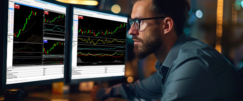A man working at a desk with several monitors, each displaying different forex trading platforms and financial information.