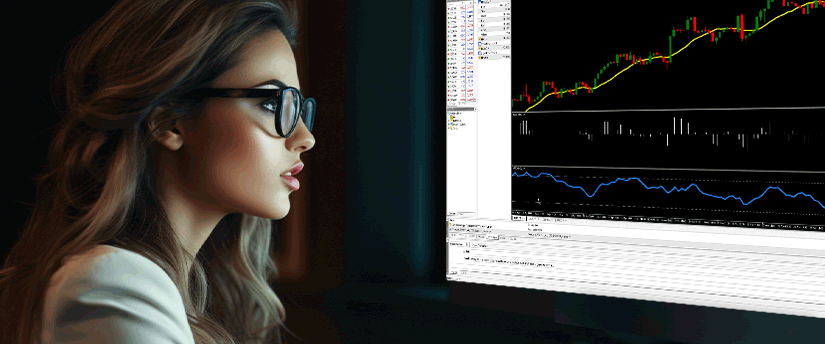 A woman wearing glasses intently observes a computer screen while engaged in trading activities.