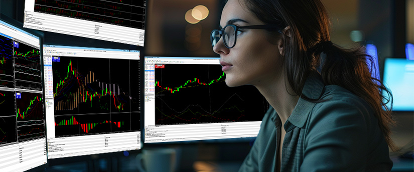 Una mujer con gafas observa varios monitores de operaciones bursátiles, lo que ilustra los hábitos de concentración de los operadores de divisas.