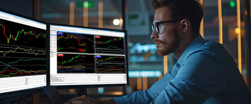 A man at a desk with two monitors displaying various stock market graphs, focused on forex trading for beginners.