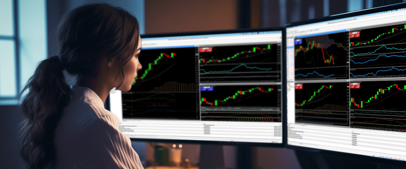 A woman analyzing various trading indicators displayed on multiple screens, focused on developing trading strategies.