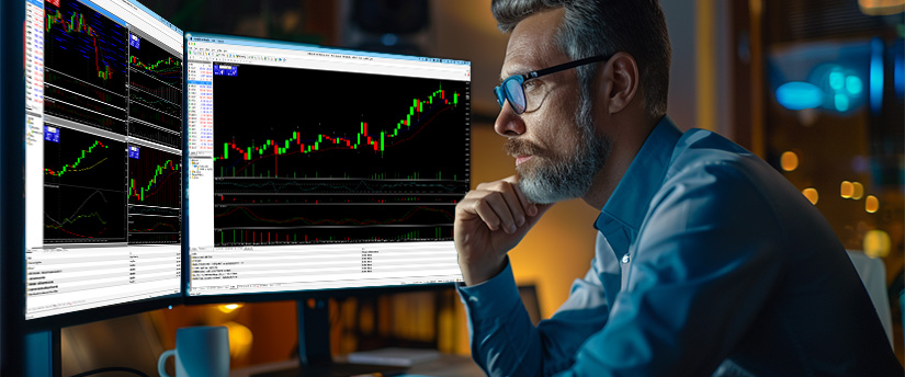 A man and woman analyze a screen with an MT4 indicator, engaged in a discussion about trading strategies.
