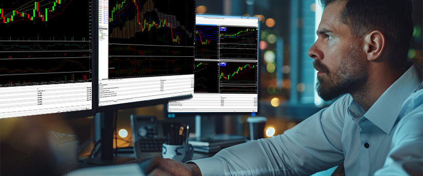 A man at a desk with two monitors displaying various trading options for the MT4 trading strategy.