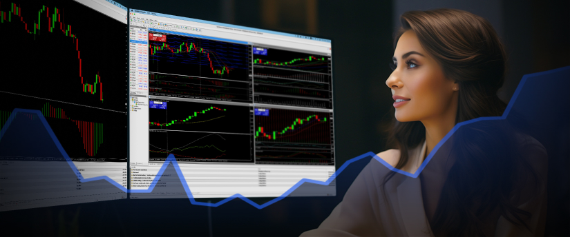 A woman intently observing a stock chart on her screen, improving her forex trading skills essential analysis MT4.