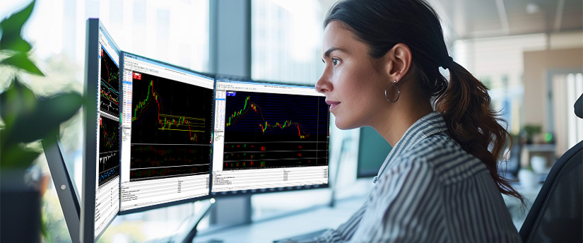 Trader analyzing charts on multiple screens, illustrating smarter trading decisions and emotional discipline