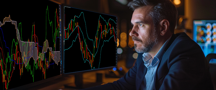 A man intently looks at multiple computer monitors displaying financial trading charts, representing forex fundamental analysis in a professional trading environment.