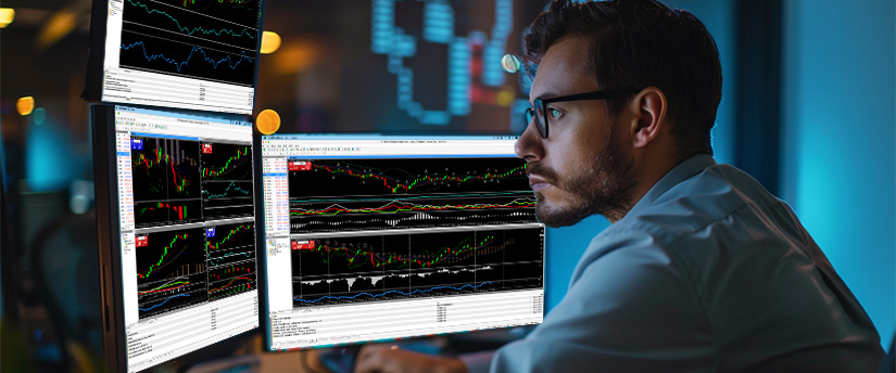 A man in glasses intently watches multiple computer monitors displaying financial trading charts, analyzing forex news trading strategies.