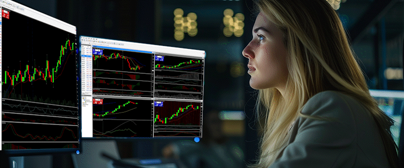 A woman intently focused on multiple computer screens displaying financial trading charts while learning how to use Expert Advisors in Forex.