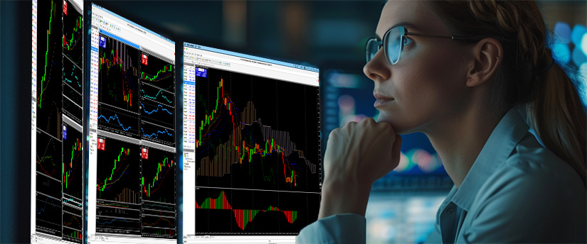 A focused professional in glasses analyzes multiple financial charts on large computer screens, demonstrating Patience in Trading while studying stock trends and market data in a dimly lit setting.