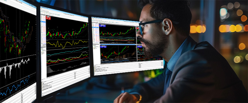 A person focuses intently on three computer monitors displaying complex financial charts and graphs, suggesting a late-night work environment in finance or trading metals.
