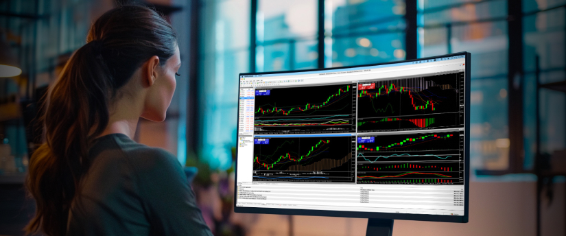 Back view of a woman with long hair sitting in an office, monitoring financial trading software featuring multi-window candlestick charts and AI signals.