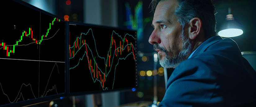 Male day trader analyzing real-time etf commodities market data and stock charts on dual monitors in a modern office setup.