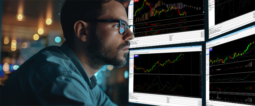 A focused day trader monitoring technical analysis charts, candlestick patterns, and etf commodities metrics across multiple computer screens.