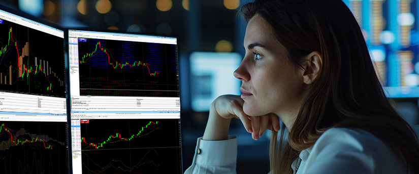 A focused woman trading and analyzing real-time etf commodities market trends on dual monitors in a dimly lit office.