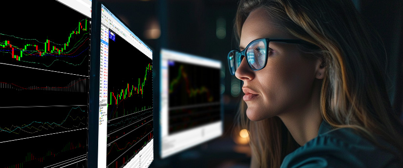 Close-up of a woman with glasses studying technical charts and performance metrics for popular cryptocurrencies in a dark office.