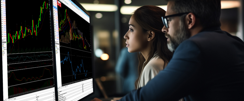 Traders reviewing AI-powered chart analysis and financial market data on multiple screens