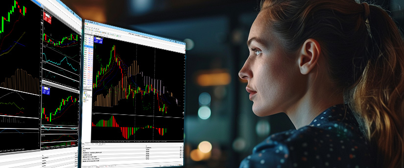 Woman analyzing stock index charts and technical indicators for day trading