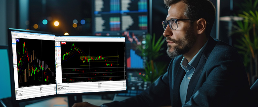 Trader studying commodity price charts and market trends on multiple monitors