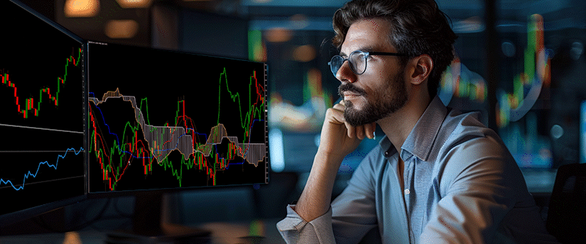 Trader analyzing commodity market charts on multiple computer screens