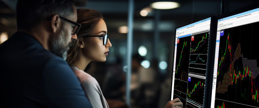 Two traders pointing at several chart windows on a trading platform to compare price levels