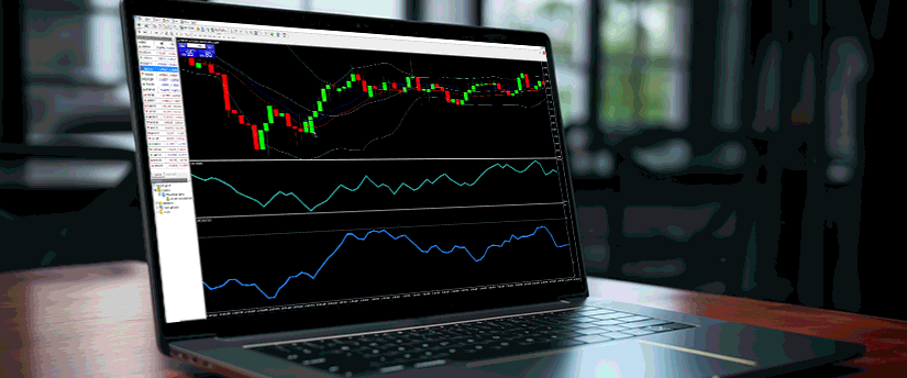 Animated laptop screen showing a forex candlestick chart with two indicator panels