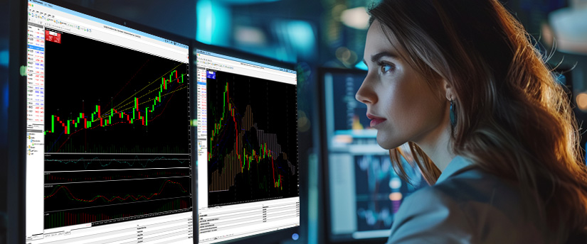 Trader analysing a volatile price chart on a trading platform monitor