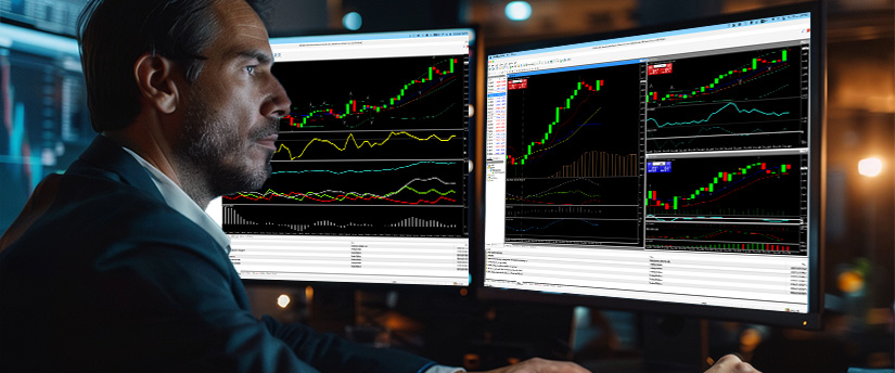 Trader studying several price charts on trading platform screens to identify false breakouts
